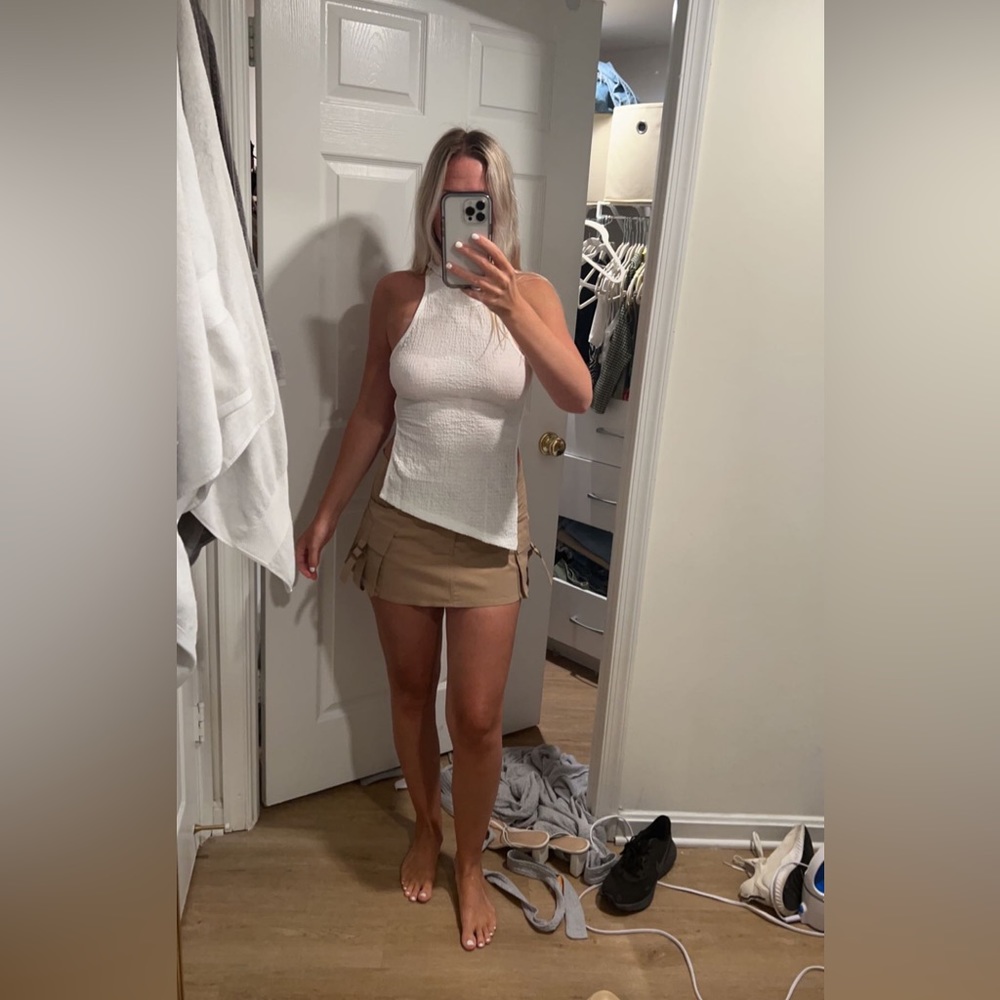 White high neck half open back tank top